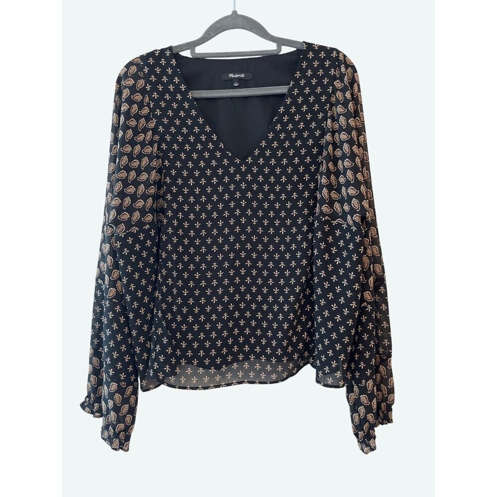 Madewell Sheer-Sleeve Brushstroke Paisley Mix Long Sleeve Blouse‎ Black Brown L